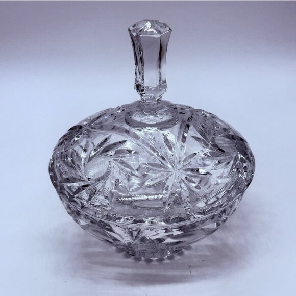 Early American Patterned Glass Candy Dish Bowl With Lid Hexagonal Finial - Picture 2 of 5